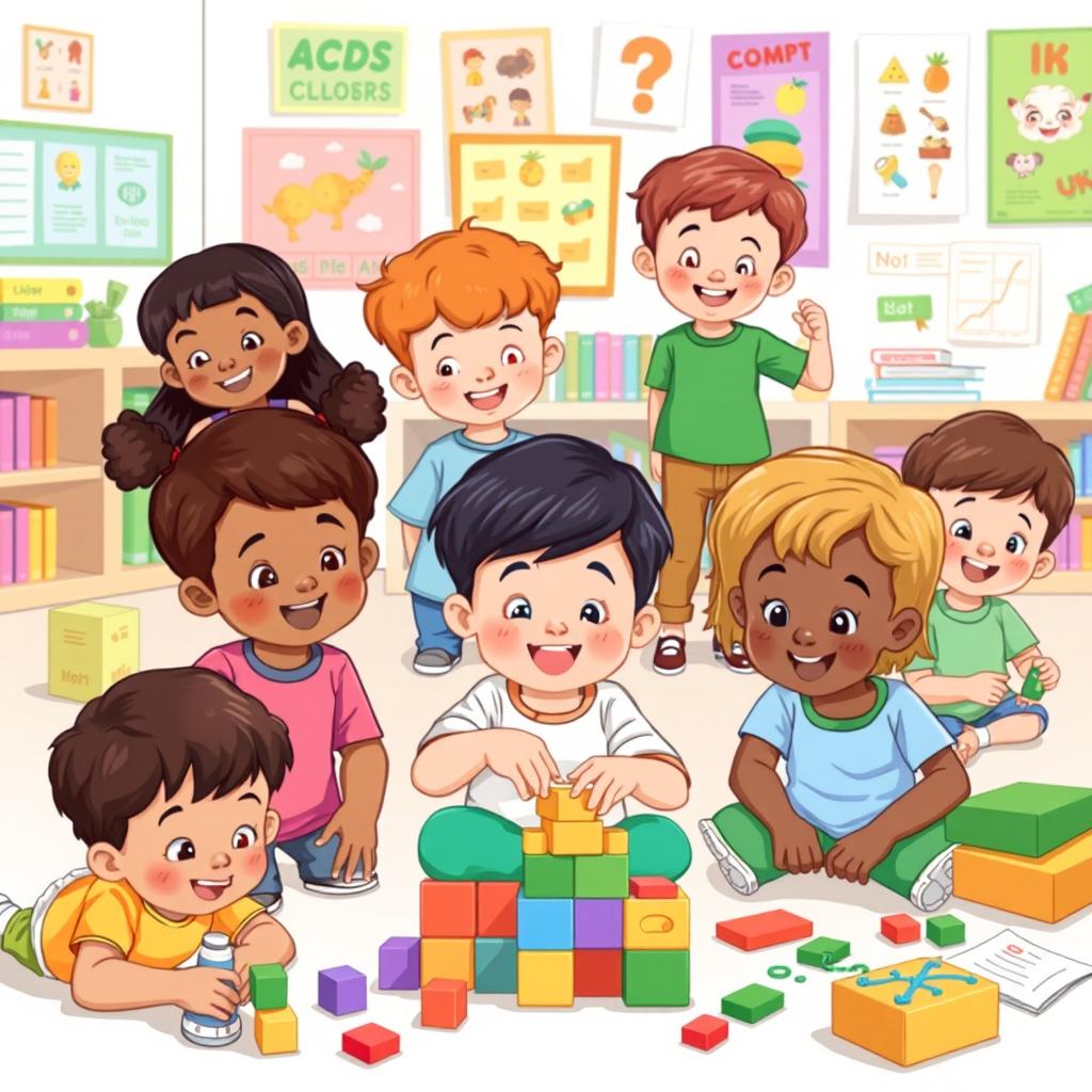 A colorful and engaging illustration of young children engaged in various activities that stimulate their minds, such as playing with building blocks, solving puzzles, and participating in interactive learning games