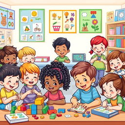 A colorful and engaging illustration of young children engaged in various activities that stimulate their minds, such as playing with building blocks, solving puzzles, and participating in interactive learning games