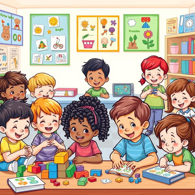 A colorful and engaging illustration of young children engaged in various activities that stimulate their minds, such as playing with building blocks, solving puzzles, and participating in interactive learning games