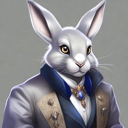 A high-quality digital art of a silver-furred rabbitfolk, inspired by DND rogue characters