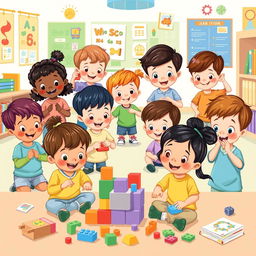 A colorful and engaging illustration of young children engaged in various activities that stimulate their minds, such as playing with building blocks, solving puzzles, and participating in interactive learning games