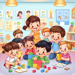 A colorful and engaging illustration of young children engaged in various activities that stimulate their minds, such as playing with building blocks, solving puzzles, and participating in interactive learning games