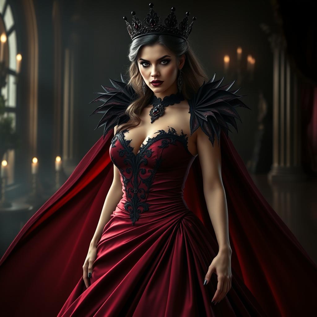 A powerful female character embodying a sense of evil, dressed in a stunning wine red gown that flows elegantly to the floor, accentuating her figure