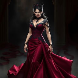 A powerful female character embodying a sense of evil, dressed in a stunning wine red gown that flows elegantly to the floor, accentuating her figure