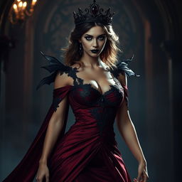 A powerful female character embodying a sense of evil, dressed in a stunning wine red gown that flows elegantly to the floor, accentuating her figure