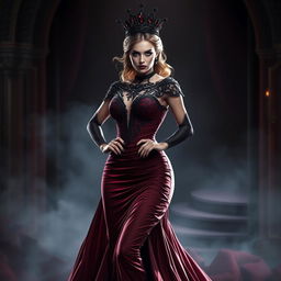 A powerful female character embodying a sense of evil, dressed in a stunning wine red gown that flows elegantly to the floor, accentuating her figure