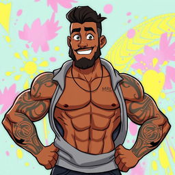 An animated depiction of a man with a brown skin tone and a fit, muscular physique, confidently posing without a sweatshirt