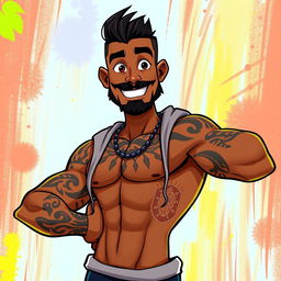 An animated depiction of a man with a brown skin tone and a fit, muscular physique, confidently posing without a sweatshirt