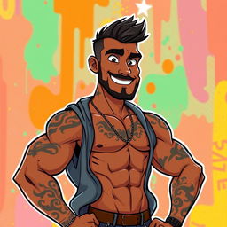 An animated depiction of a man with a brown skin tone and a fit, muscular physique, confidently posing without a sweatshirt