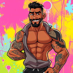 An animated depiction of a man with a brown skin tone and a fit, muscular physique, confidently posing without a sweatshirt