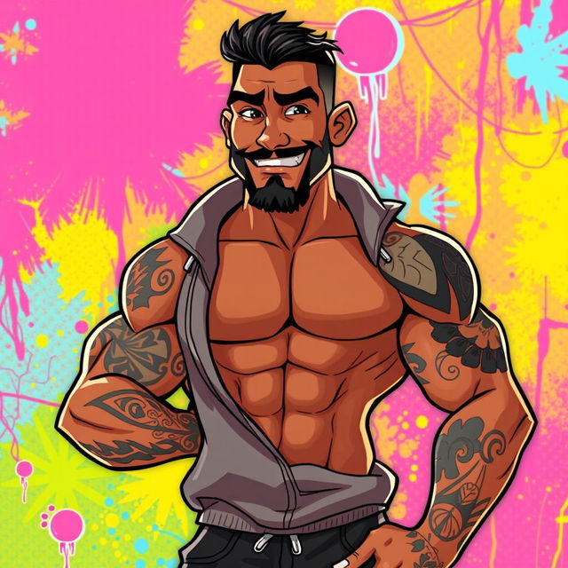 An animated depiction of a man with a brown skin tone and a fit, muscular physique, confidently posing without a sweatshirt