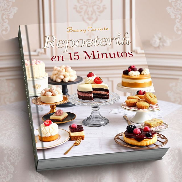 A sophisticated ebook cover titled 'Repostería en 15 Minutos' by Bessy Cerrato, featuring an exquisite array of desserts such as intricate cakes, delicate pastries, and elegant tarts displayed on a vintage-inspired table