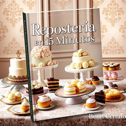 A sophisticated ebook cover titled 'Repostería en 15 Minutos' by Bessy Cerrato, featuring an exquisite array of desserts such as intricate cakes, delicate pastries, and elegant tarts displayed on a vintage-inspired table