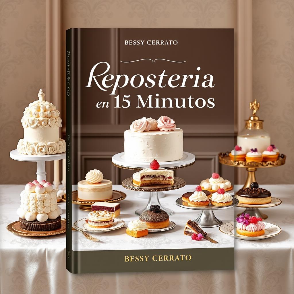 A sophisticated ebook cover titled 'Repostería en 15 Minutos' by Bessy Cerrato, featuring an exquisite array of desserts such as intricate cakes, delicate pastries, and elegant tarts displayed on a vintage-inspired table