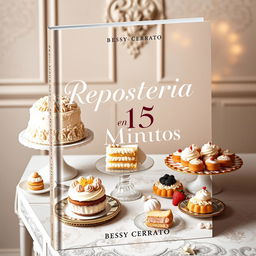A sophisticated ebook cover titled 'Repostería en 15 Minutos' by Bessy Cerrato, featuring an exquisite array of desserts such as intricate cakes, delicate pastries, and elegant tarts displayed on a vintage-inspired table
