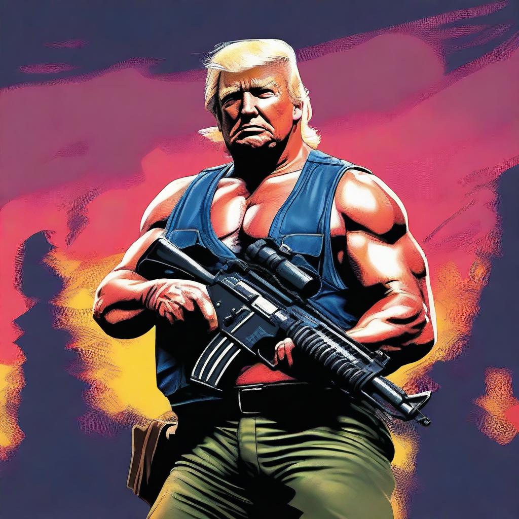 A high quality, digital art image showing Donald Trump in the style of Rambo