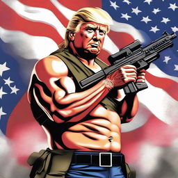 A high quality, digital art image showing Donald Trump in the style of Rambo