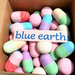 A collection of bath bombs shaped like colorful pills, neatly organized and packaged inside a cardboard box