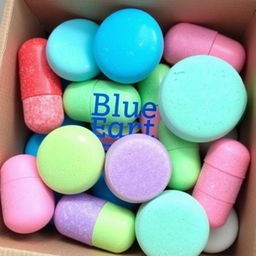A collection of bath bombs shaped like colorful pills, neatly organized and packaged inside a cardboard box