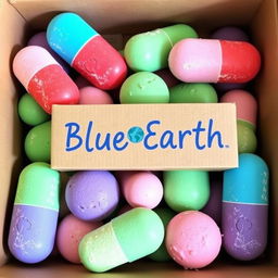 A collection of bath bombs shaped like colorful pills, neatly organized and packaged inside a cardboard box