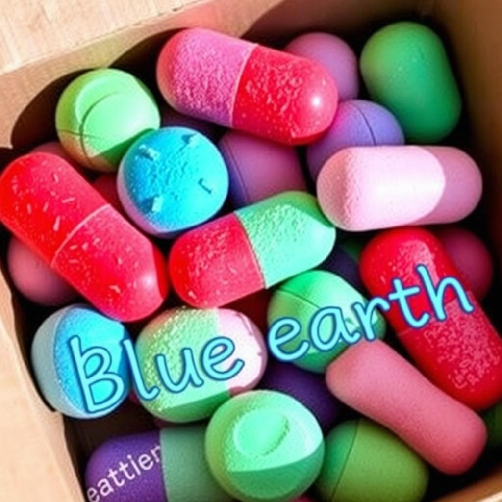 A collection of bath bombs shaped like colorful pills, neatly organized and packaged inside a cardboard box