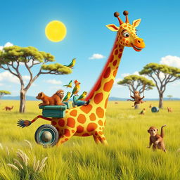 A whimsical and colorful giraffe-shaped vehicle, humorously designed with long neck and spots, cruising through a sunny savanna landscape