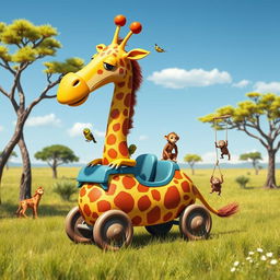 A whimsical and colorful giraffe-shaped vehicle, humorously designed with long neck and spots, cruising through a sunny savanna landscape