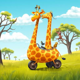 A whimsical and colorful giraffe-shaped vehicle, humorously designed with long neck and spots, cruising through a sunny savanna landscape