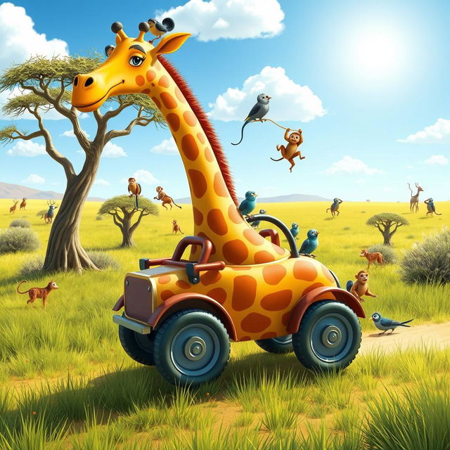 A whimsical and colorful giraffe-shaped vehicle, humorously designed with long neck and spots, cruising through a sunny savanna landscape