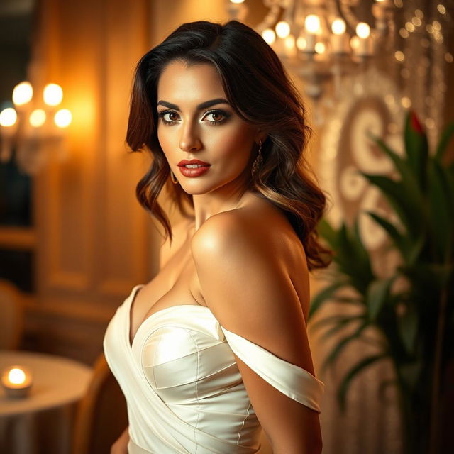 A stunning and alluring woman in an elegant evening gown, exuding confidence and charm