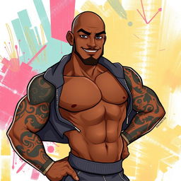 An animated depiction of a man with a brown skin tone and a fit, muscular physique, confidently posing without a sweatshirt