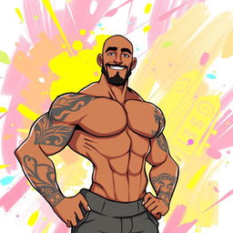 An animated depiction of a man with a brown skin tone and a fit, muscular physique, confidently posing without a sweatshirt