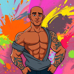 An animated depiction of a man with a brown skin tone and a fit, muscular physique, confidently posing without a sweatshirt