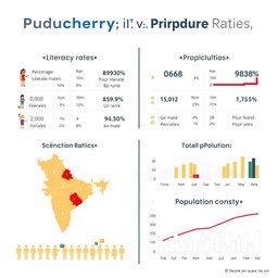 Create a detailed infographic comparing literacy rates, gender ratios, population statistics, and population density between Puducherry (UT) and another selected region