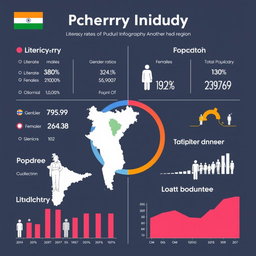 Create a detailed infographic comparing literacy rates, gender ratios, population statistics, and population density between Puducherry (UT) and another selected region