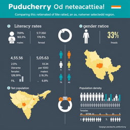 Create a detailed infographic comparing literacy rates, gender ratios, population statistics, and population density between Puducherry (UT) and another selected region