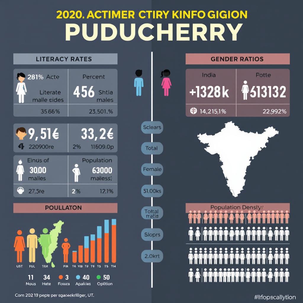 Create a detailed infographic comparing literacy rates, gender ratios, population statistics, and population density between Puducherry (UT) and another selected region