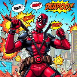 A dynamic, action-packed scene featuring Deadpool, the iconic anti-hero in his signature red and black suit