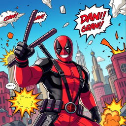 A dynamic, action-packed scene featuring Deadpool, the iconic anti-hero in his signature red and black suit