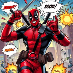 A dynamic, action-packed scene featuring Deadpool, the iconic anti-hero in his signature red and black suit