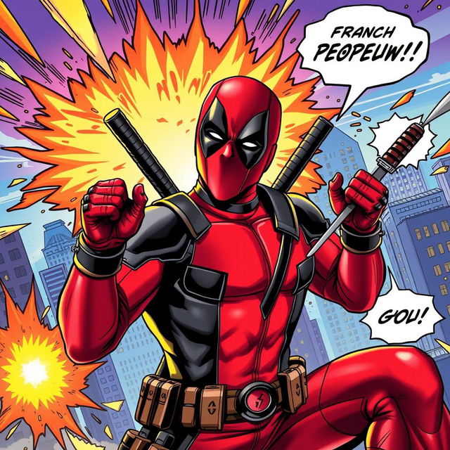 A dynamic, action-packed scene featuring Deadpool, the iconic anti-hero in his signature red and black suit