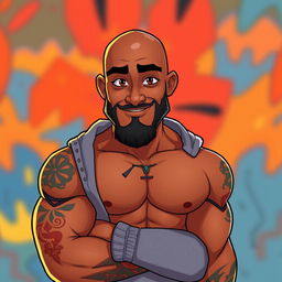 An animated depiction of a man with a brown skin tone and an athletic physique, confidently posing without a sweatshirt