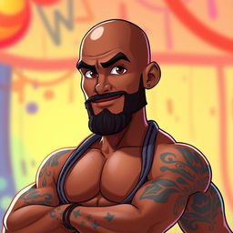An animated depiction of a man with a brown skin tone and an athletic physique, confidently posing without a sweatshirt