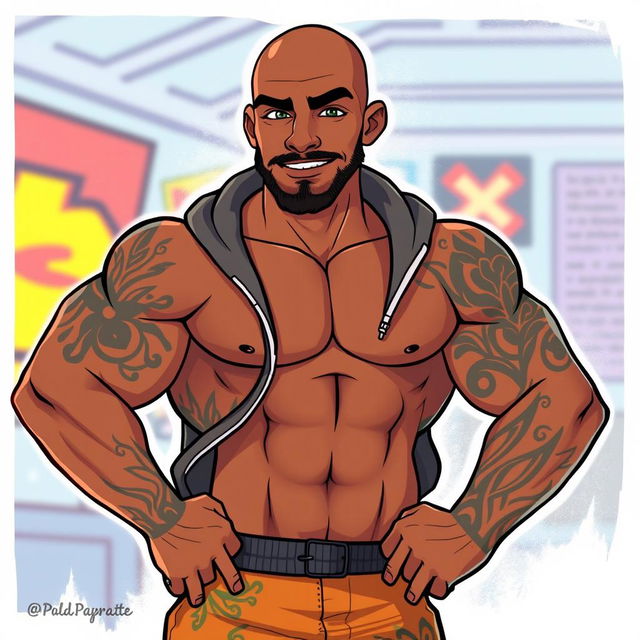 An animated depiction of a man with a brown skin tone and an athletic physique, confidently posing without a sweatshirt