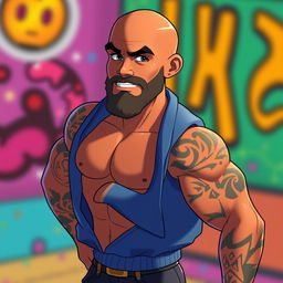 An animated depiction of a man with a brown skin tone and an athletic physique, confidently posing without a sweatshirt