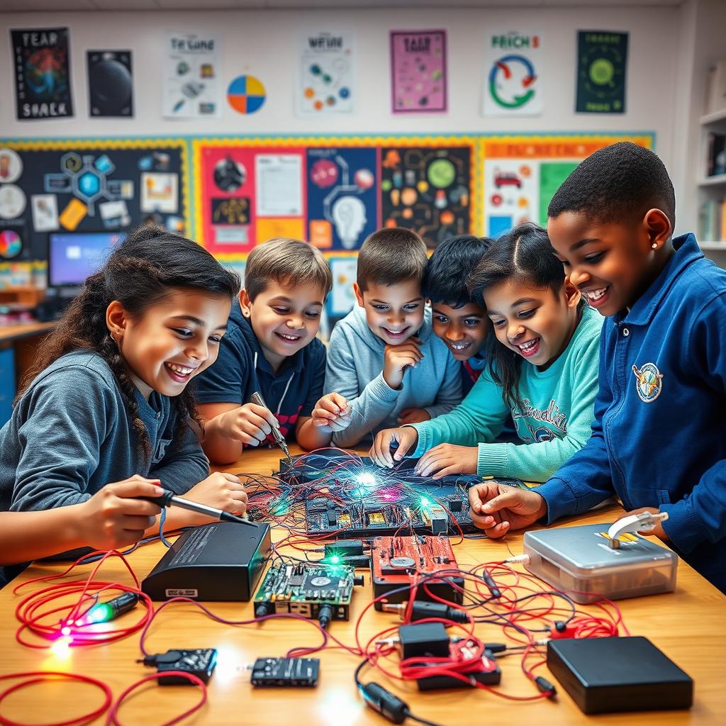 A vibrant and energetic group of children enthusiastically engaging in electronics and technology activities, surrounded by colorful electronic components such as wires, circuit boards, and LED lights