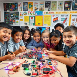 A vibrant and energetic group of children enthusiastically engaging in electronics and technology activities, surrounded by colorful electronic components such as wires, circuit boards, and LED lights