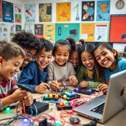 A vibrant and energetic group of children enthusiastically engaging in electronics and technology activities, surrounded by colorful electronic components such as wires, circuit boards, and LED lights