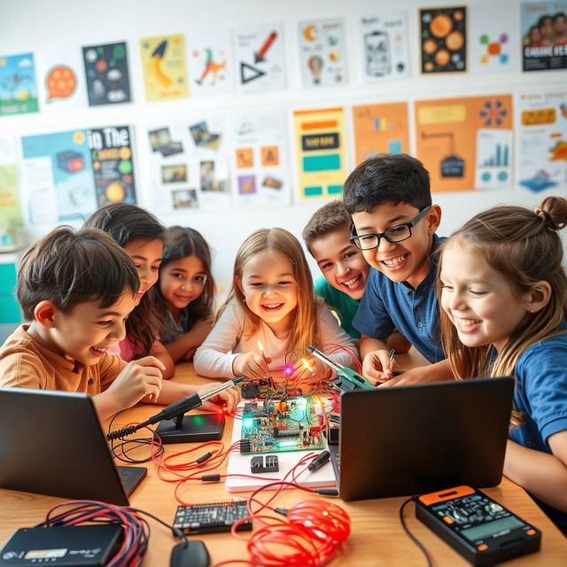 A vibrant and energetic group of children enthusiastically engaging in electronics and technology activities, surrounded by colorful electronic components such as wires, circuit boards, and LED lights