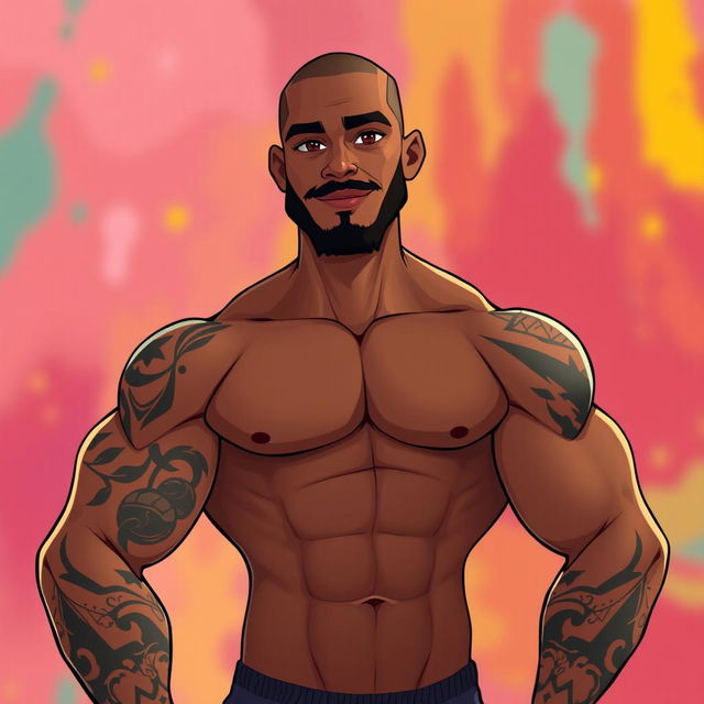 An animated portrayal of a man with a brown skin tone, featuring an athletic physique and confidently standing without a sweatshirt